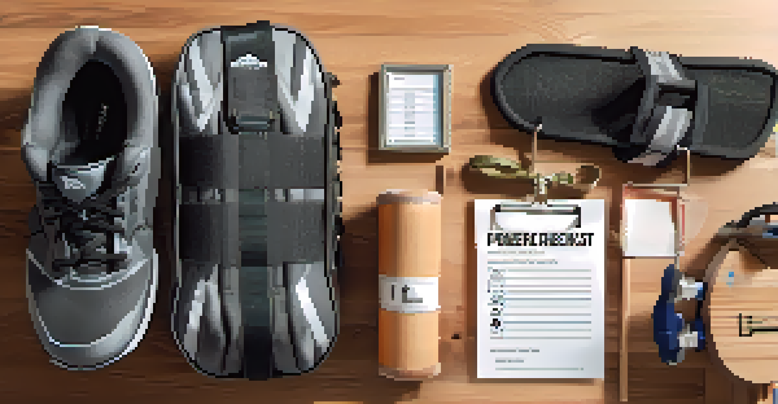 A powerlifting gear checklist on a clipboard with items like a belt and knee sleeves neatly arranged around it on a wooden gym bench.