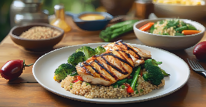 A plate of grilled chicken, quinoa, and colorful vegetables on a wooden table, illuminated by warm lighting.