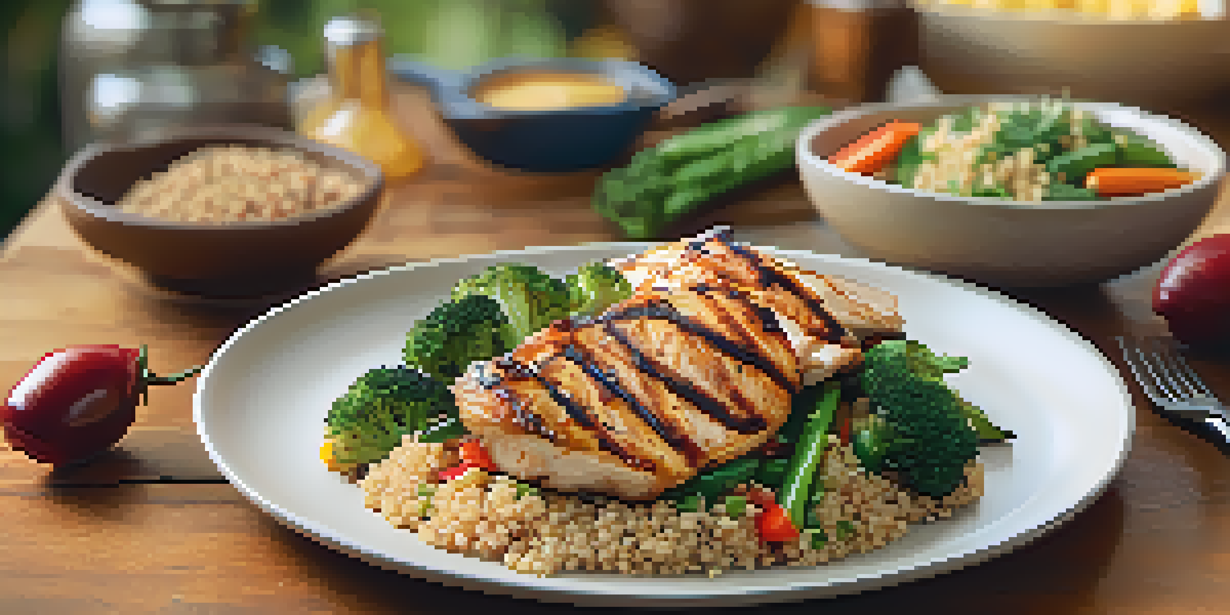 A plate of grilled chicken, quinoa, and colorful vegetables on a wooden table, illuminated by warm lighting.