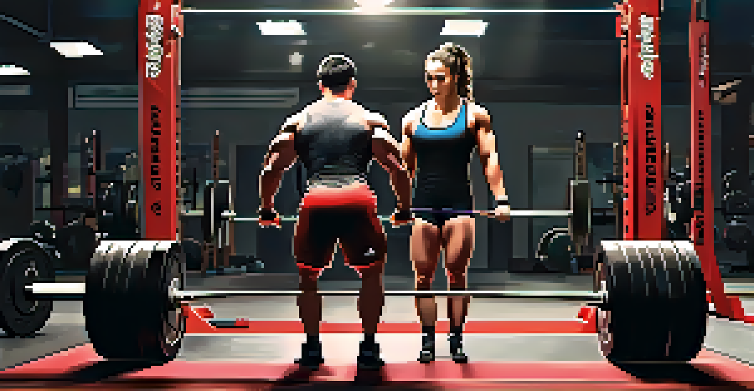 A coach teaching an athlete proper deadlift technique in a gym setting, showcasing focus and learning.