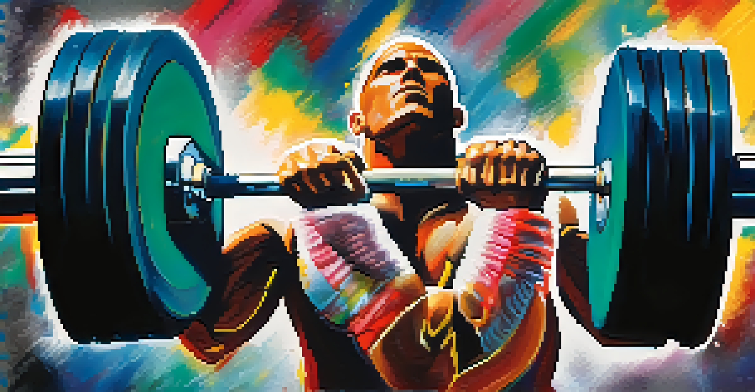 A close-up of a powerlifter's chalk-dusted hands gripping a barbell, with a vibrant gym background.