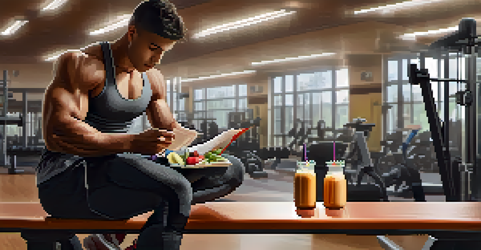 An athlete reviewing a food diary in a gym, with a protein shake and meal container on the bench.