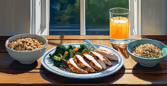 A post-workout meal with grilled chicken, quinoa, and roasted vegetables on a wooden table, accompanied by a glass of water and mixed nuts, illuminated by soft natural light.
