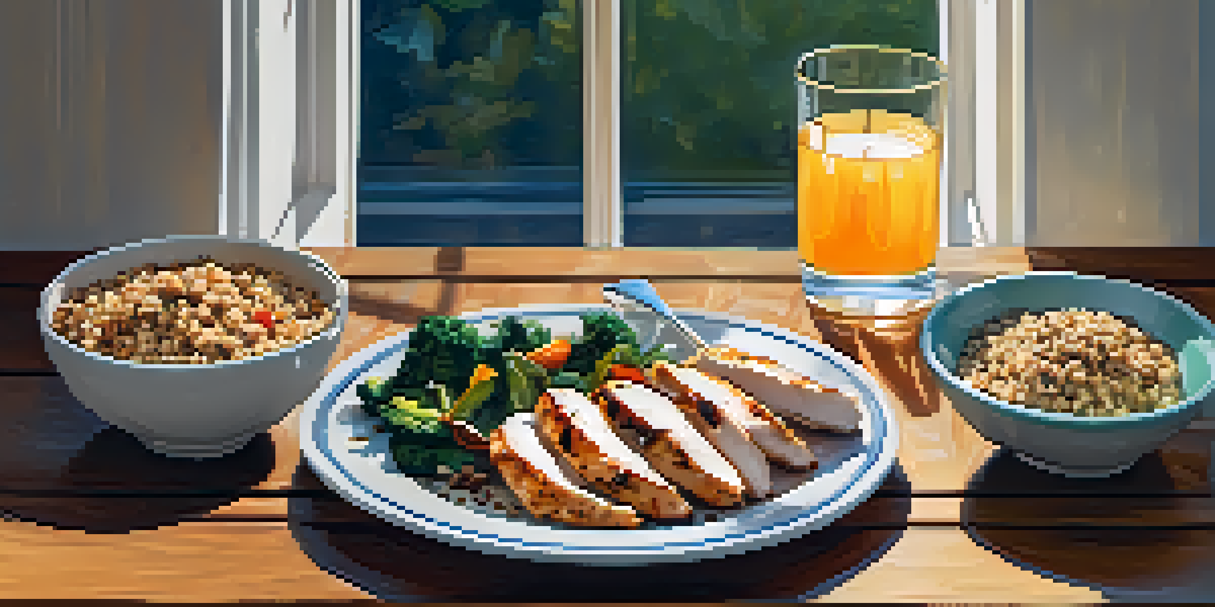 A post-workout meal with grilled chicken, quinoa, and roasted vegetables on a wooden table, accompanied by a glass of water and mixed nuts, illuminated by soft natural light.