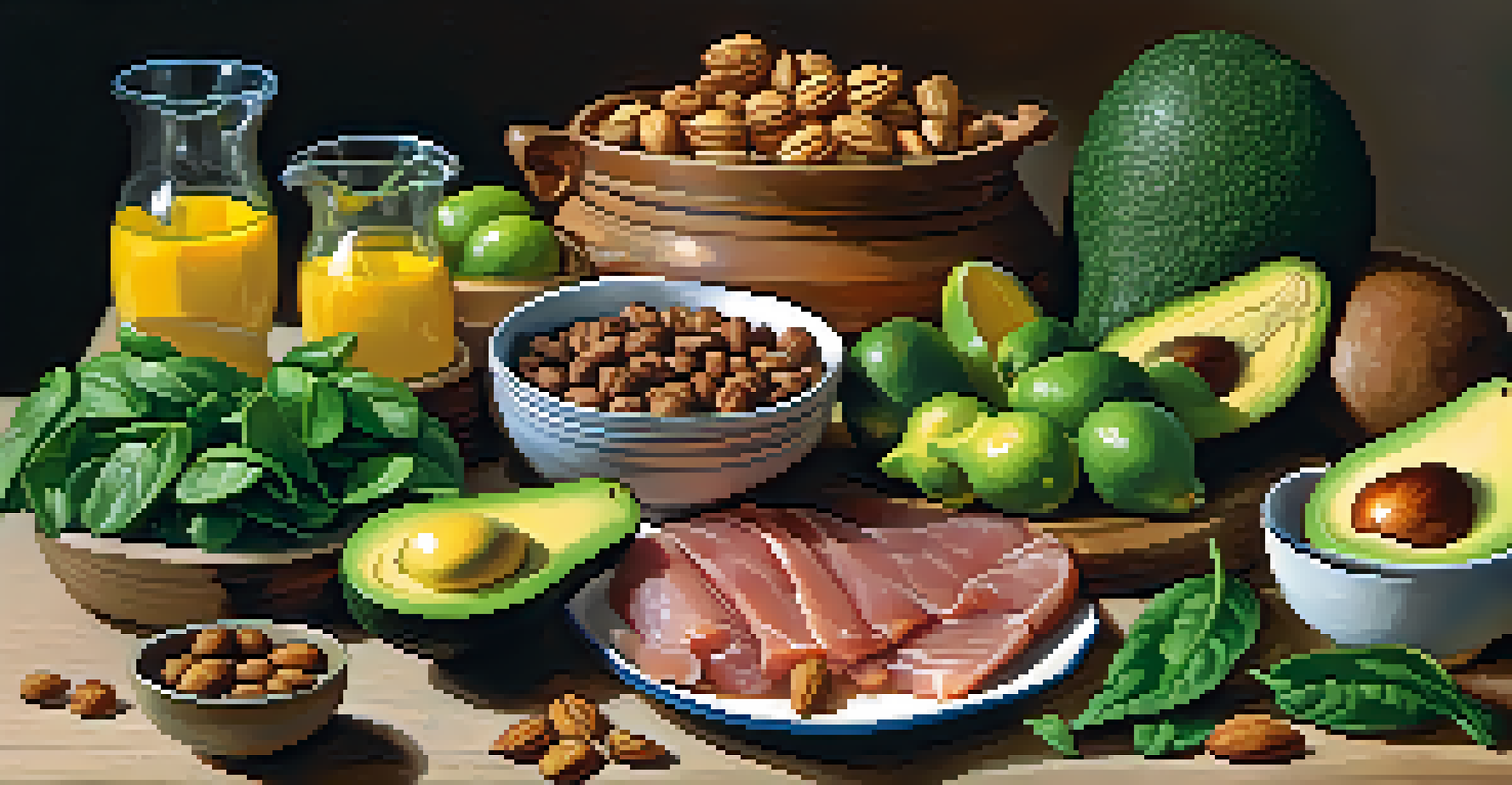 A variety of healthy foods including avocados, nuts, spinach, and lean meats arranged on a wooden table.