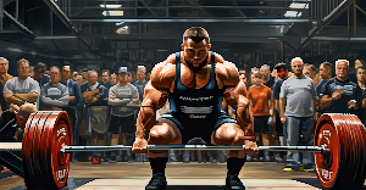 A focused powerlifter chalking their hands, with blurred spectators and volunteers in the background.
