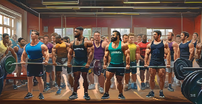 A diverse group of powerlifters encouraging each other in a gym setting with weights and lifting equipment.