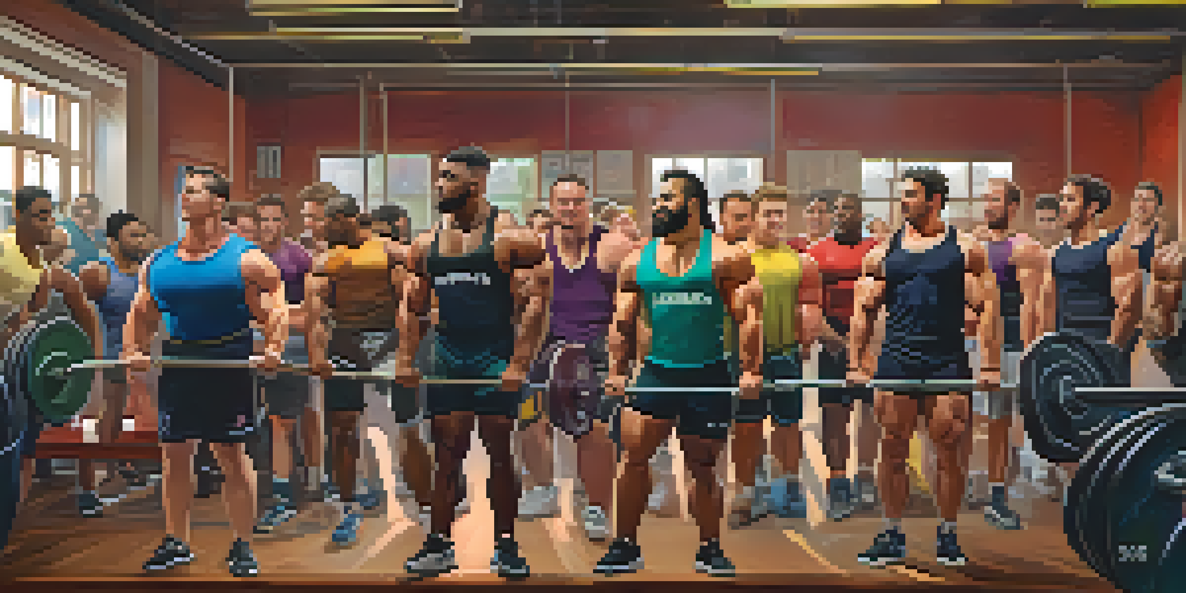 A diverse group of powerlifters encouraging each other in a gym setting with weights and lifting equipment.