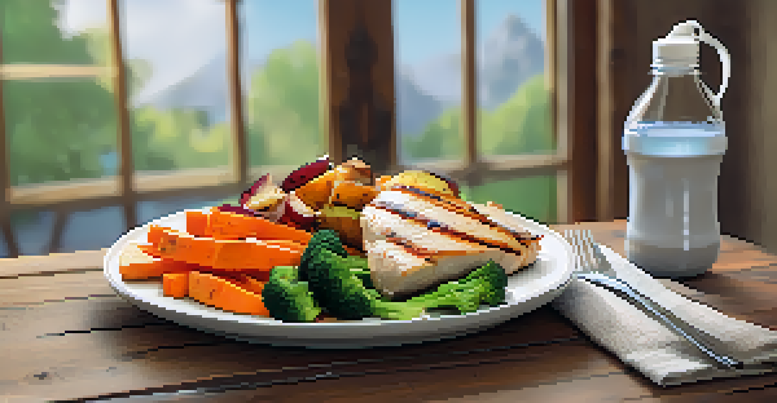 A nutritious post-workout meal with grilled chicken, sweet potatoes, and vegetables on a rustic wooden table, lit by natural sunlight.
