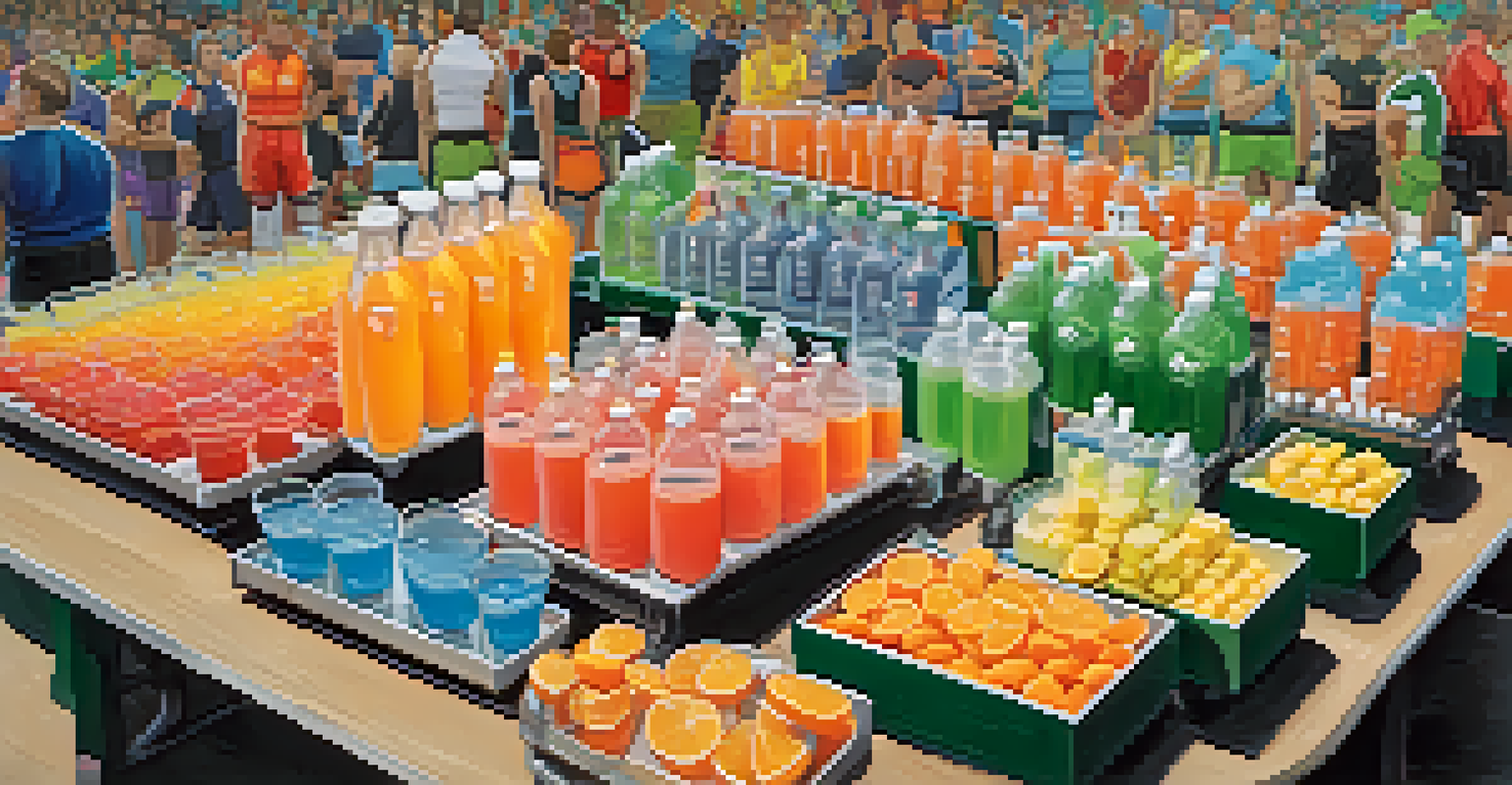 Hydration station with sports drinks, fruits, and electrolyte tablets at a powerlifting competition.