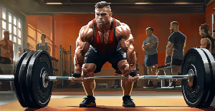 A powerlifter focusing on a deadlift in a gym, surrounded by weightlifting equipment and dramatic lighting.