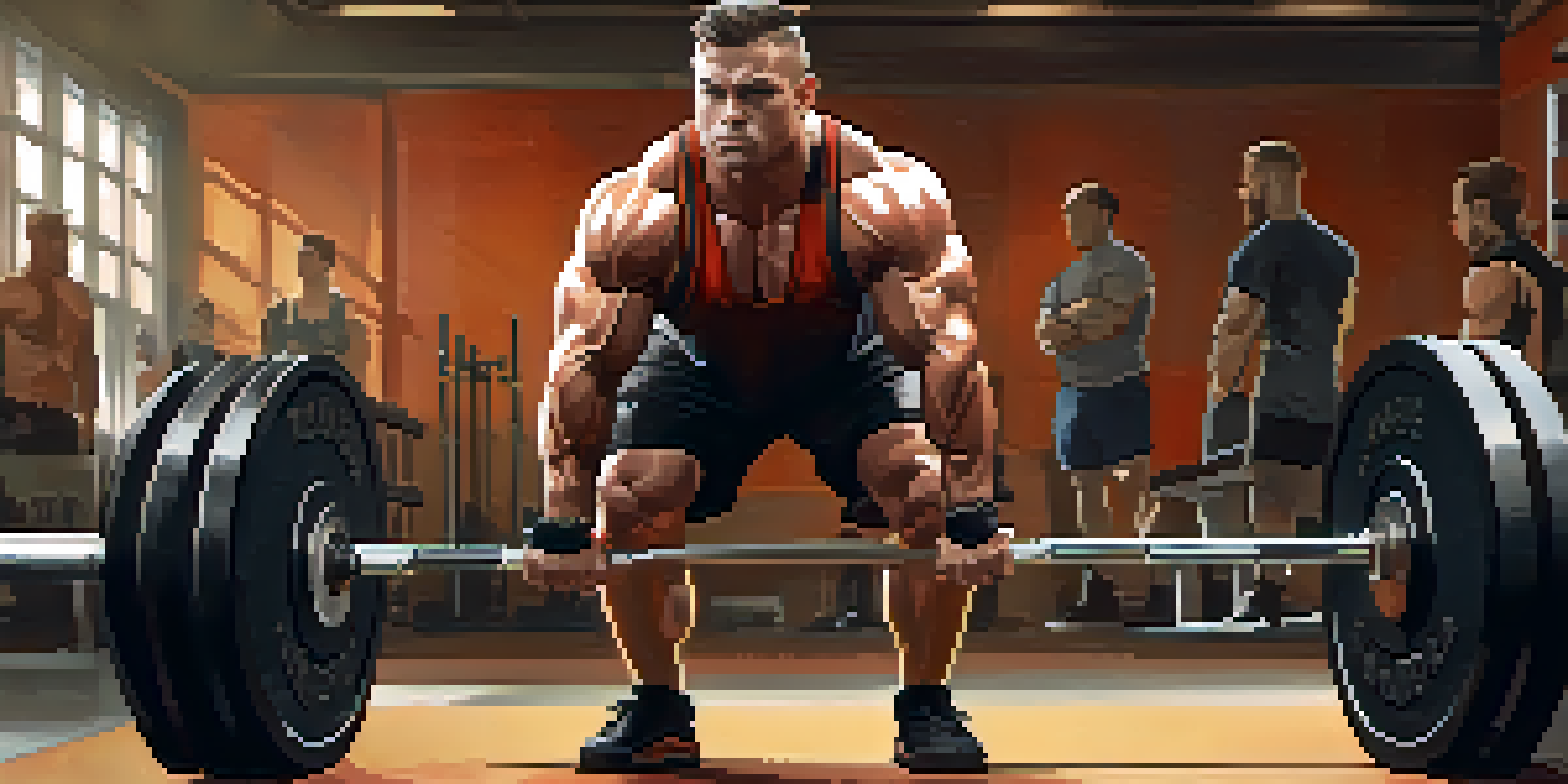 A powerlifter focusing on a deadlift in a gym, surrounded by weightlifting equipment and dramatic lighting.