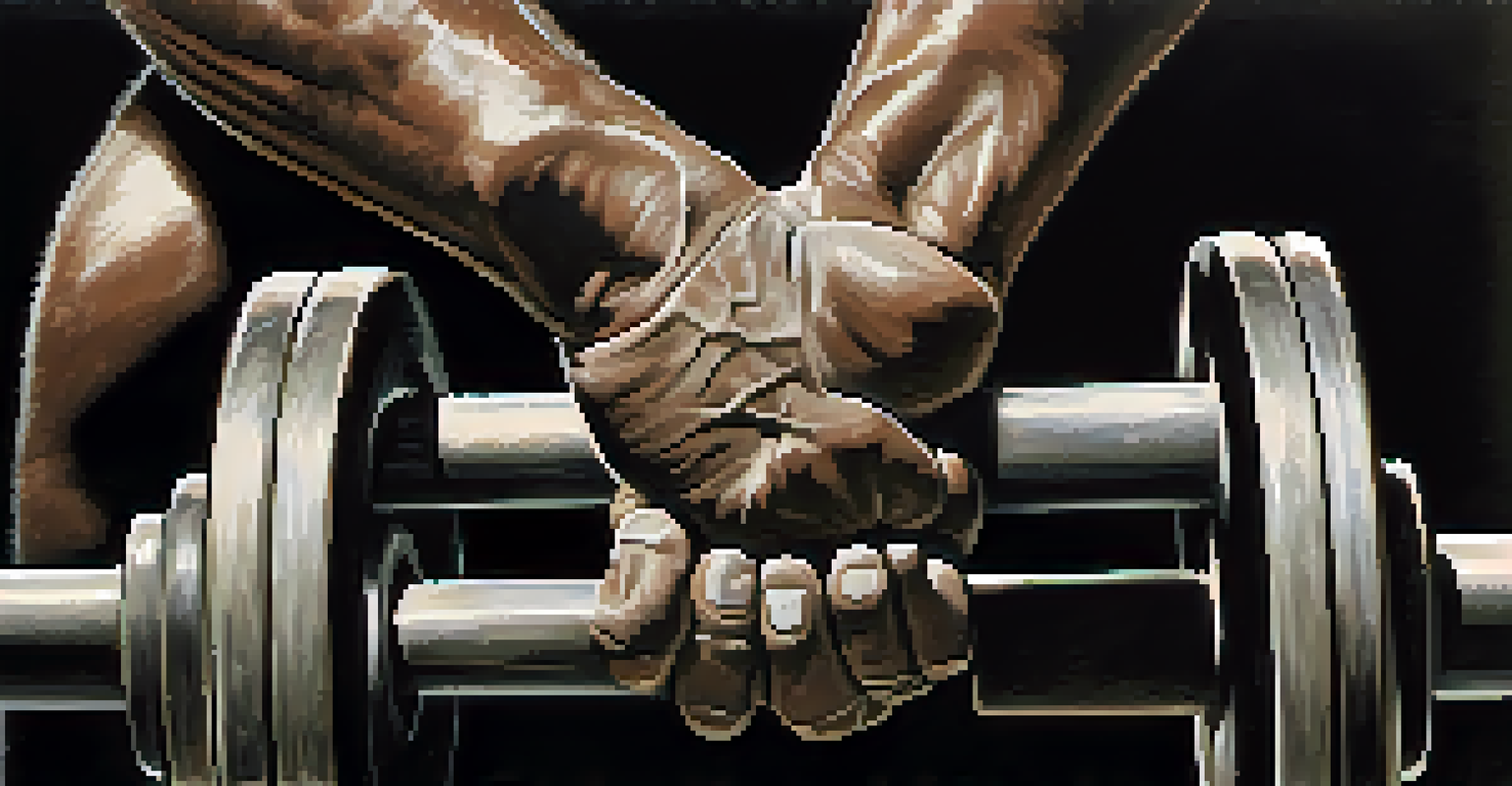 Close-up of a powerlifter's hands gripping a barbell, showcasing strength and determination.