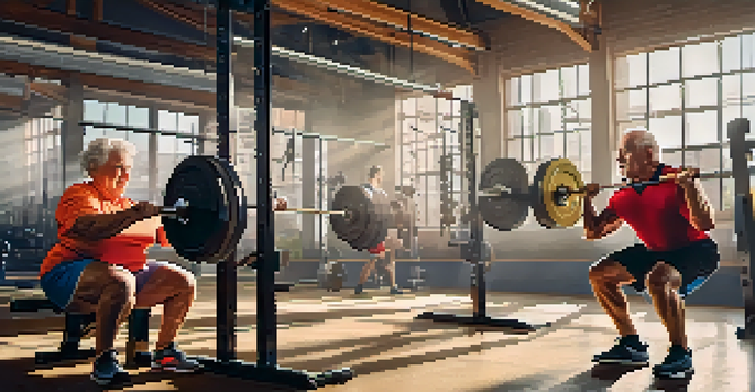 Older adults in a gym lifting weights, showcasing powerlifting exercises with bright lighting and motivational posters.