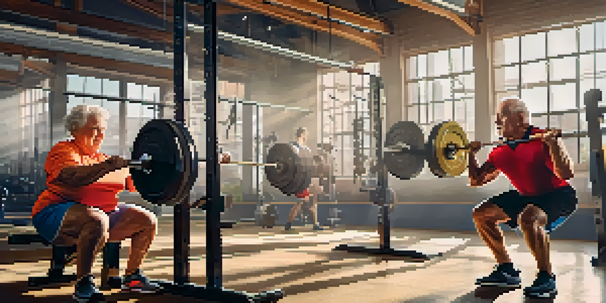 Older adults in a gym lifting weights, showcasing powerlifting exercises with bright lighting and motivational posters.