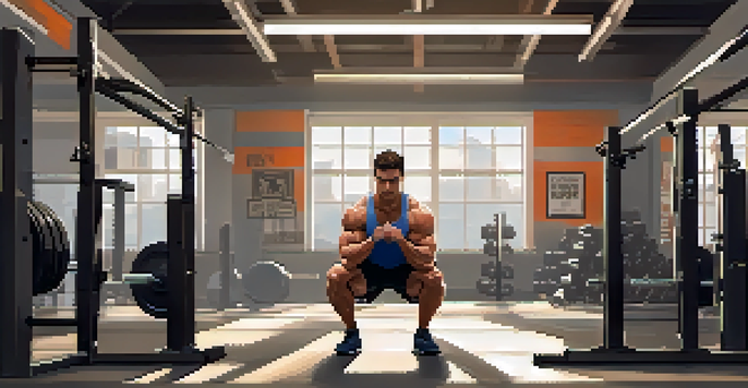 A focused weightlifter performing a squat in a well-lit, organized gym with motivational posters.