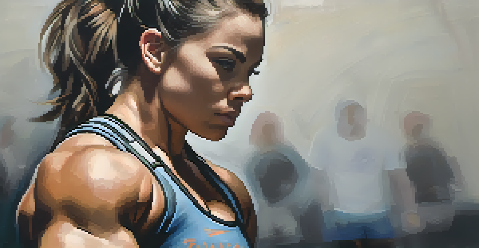 A close-up portrait of a determined female powerlifter preparing to lift weights in a gym setting.
