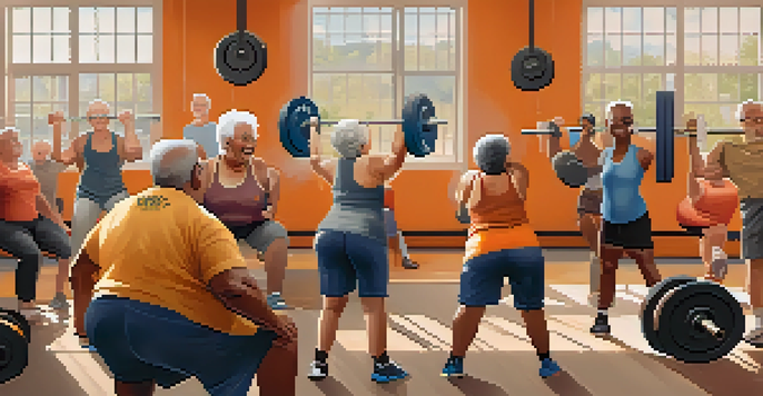 A group of older adults lifting weights in a bright gym, with friends cheering them on and motivational posters on the walls.