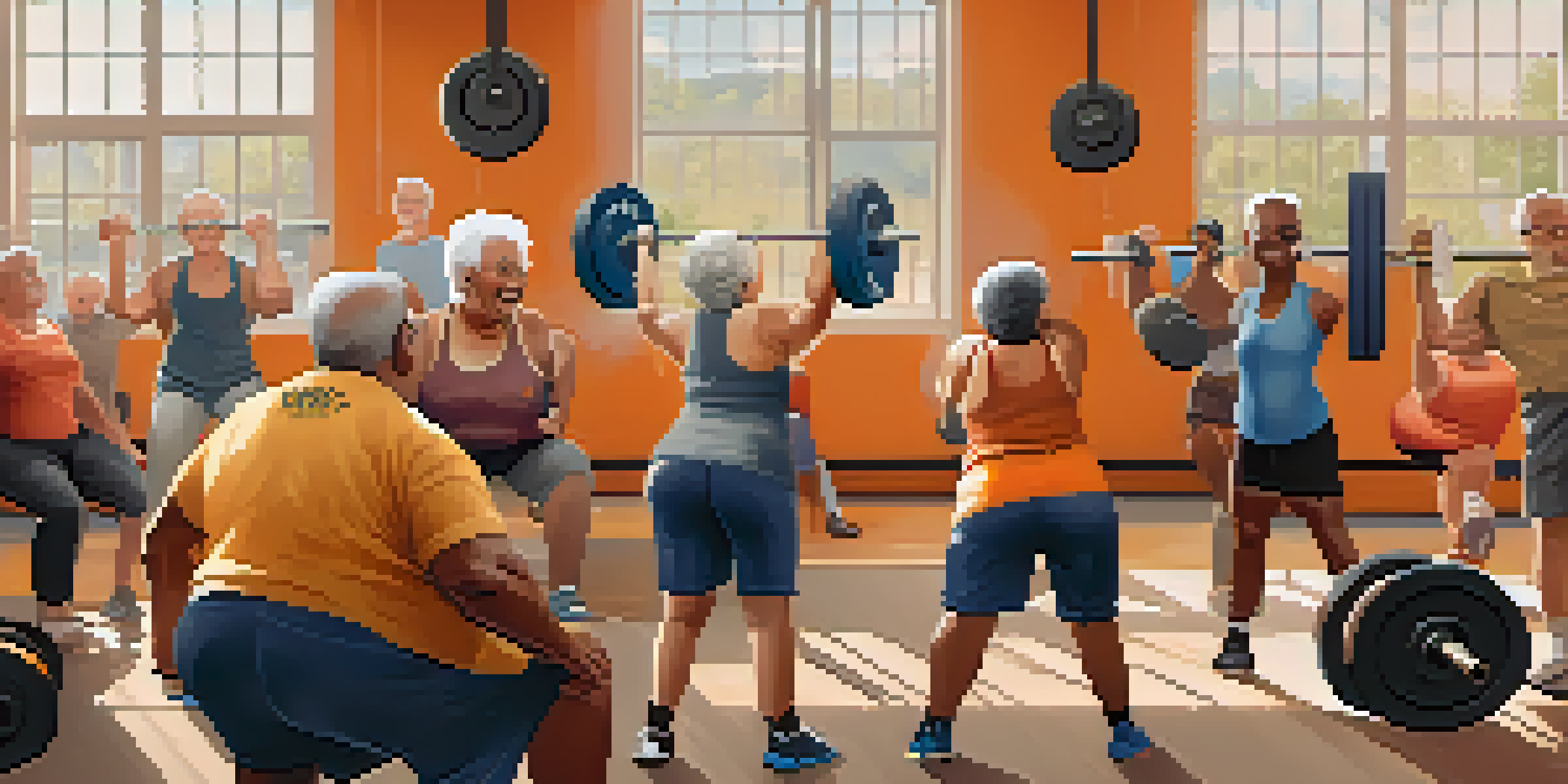 A group of older adults lifting weights in a bright gym, with friends cheering them on and motivational posters on the walls.