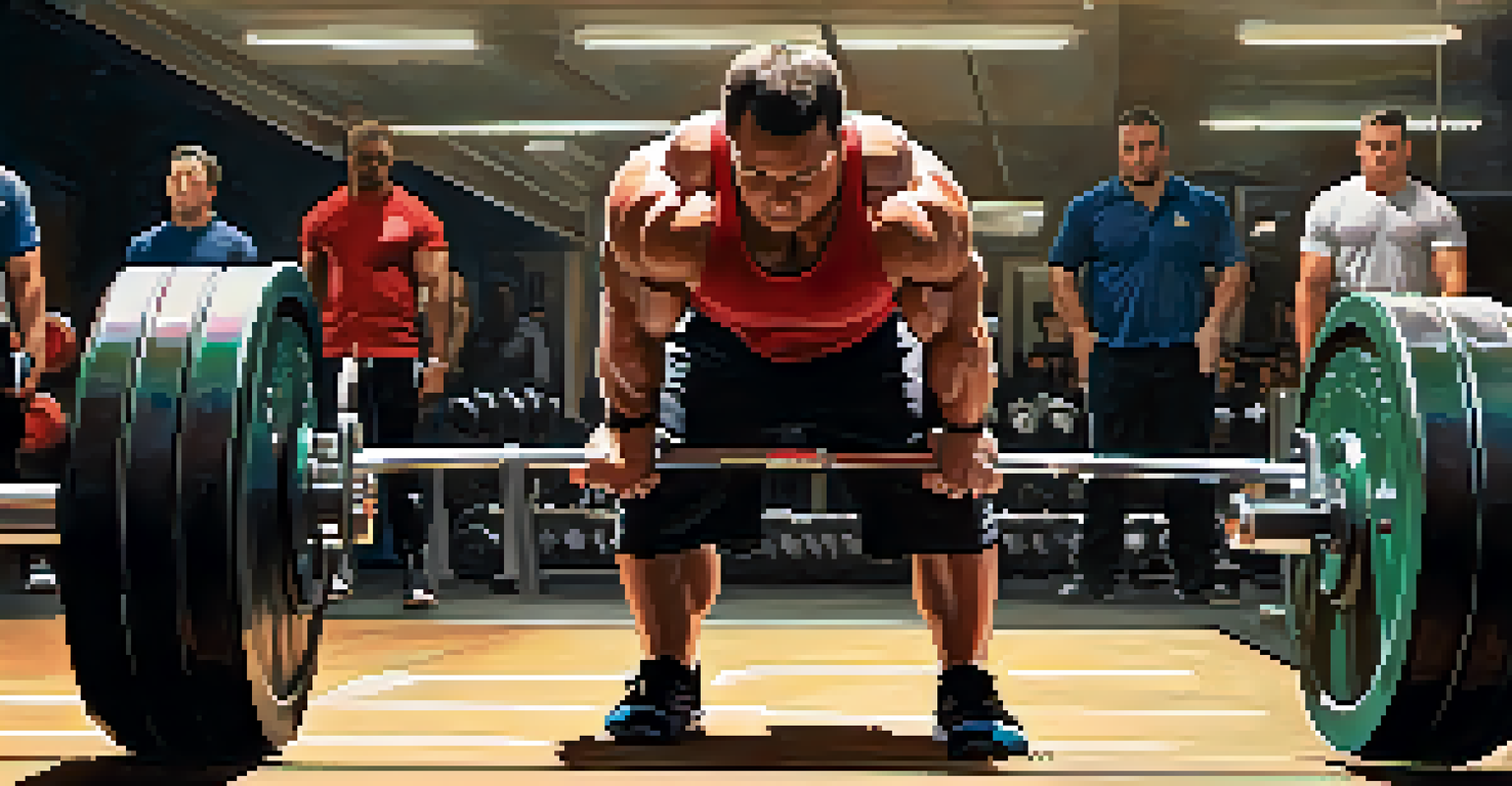 A powerlifter performing a deadlift with a strong stance and concentrated expression, surrounded by gym weights.