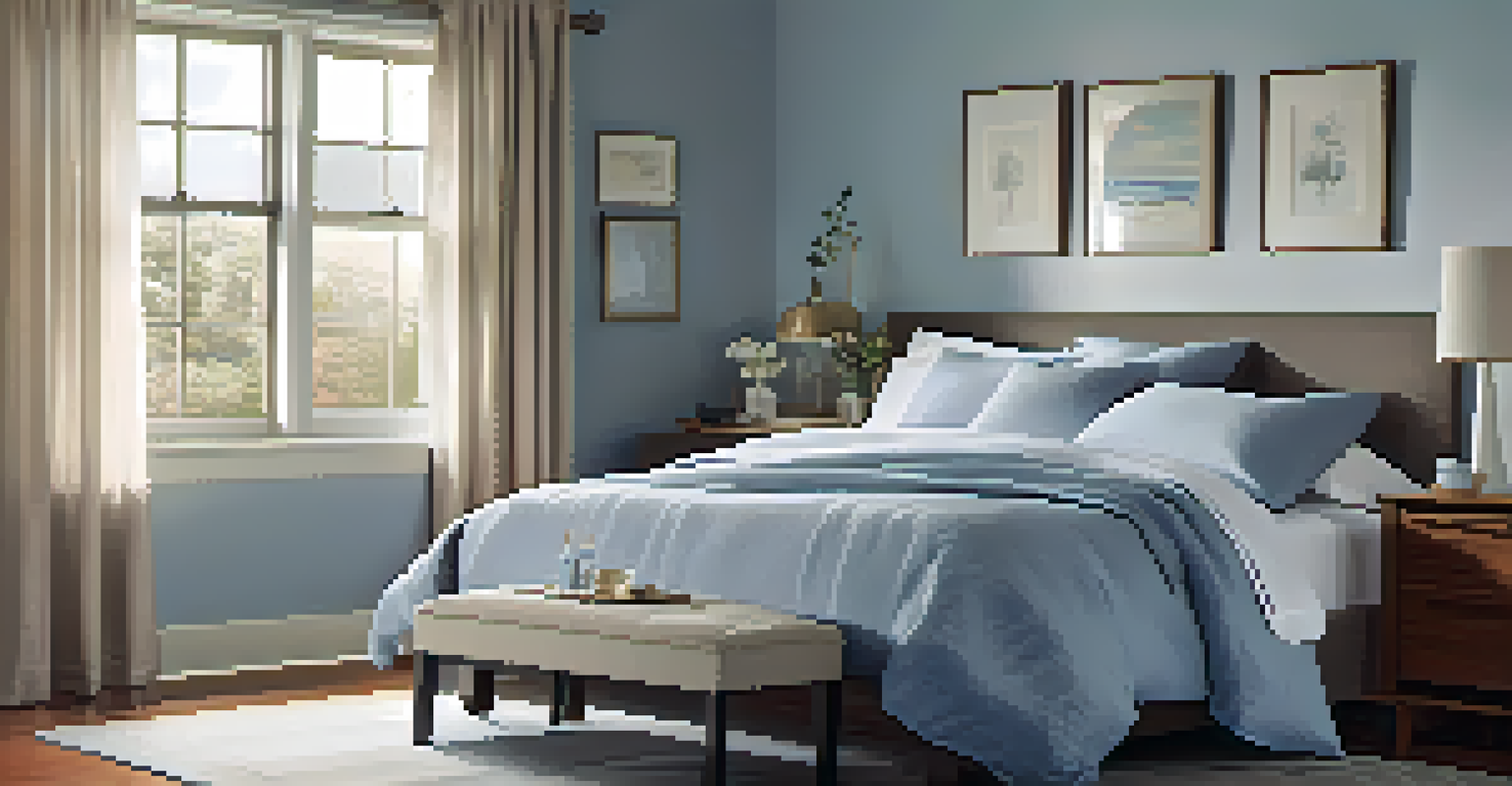 A peaceful bedroom designed for restful sleep, featuring a comfortable bed, dim lighting, and calming colors.