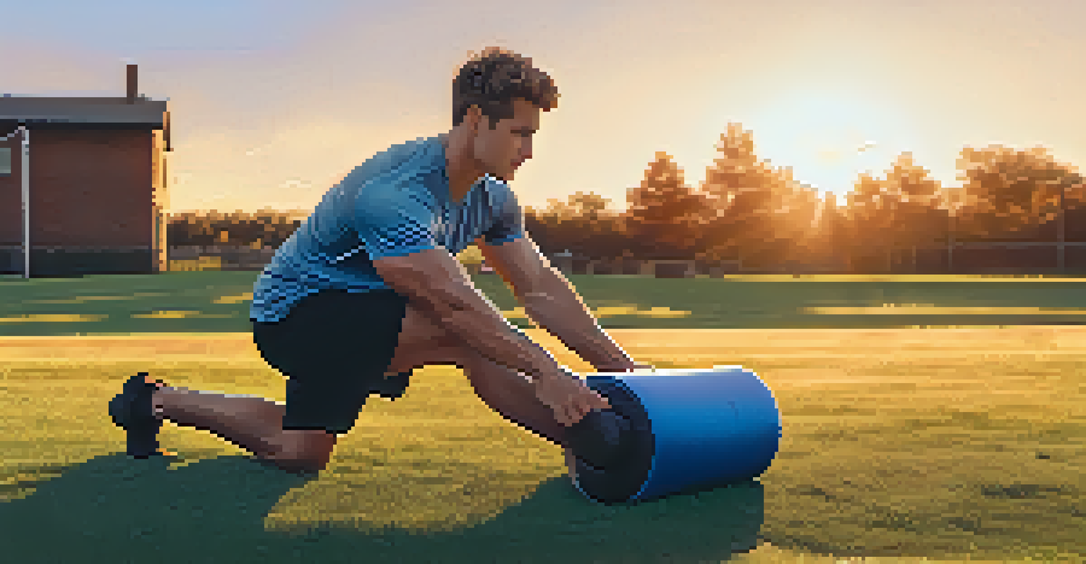 A young man foam rolling on grass in a sunset outdoor setting after a workout.