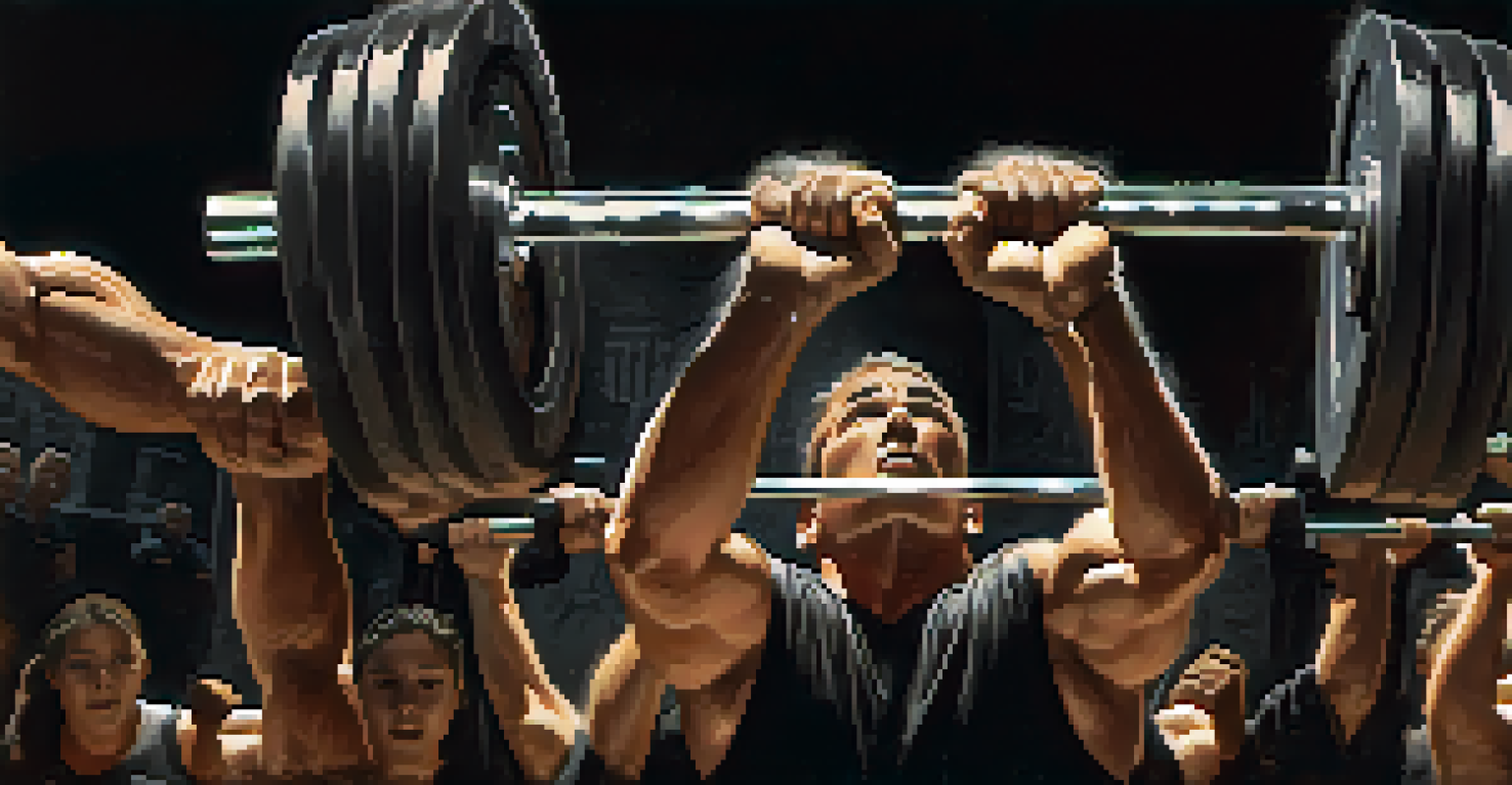 Close-up of hands gripping a barbell with chalk dust, teammates cheering in the blurred background.
