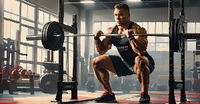 A powerlifter squatting with a barbell in a gym, demonstrating focus and strength, while a coach stands by to offer support.