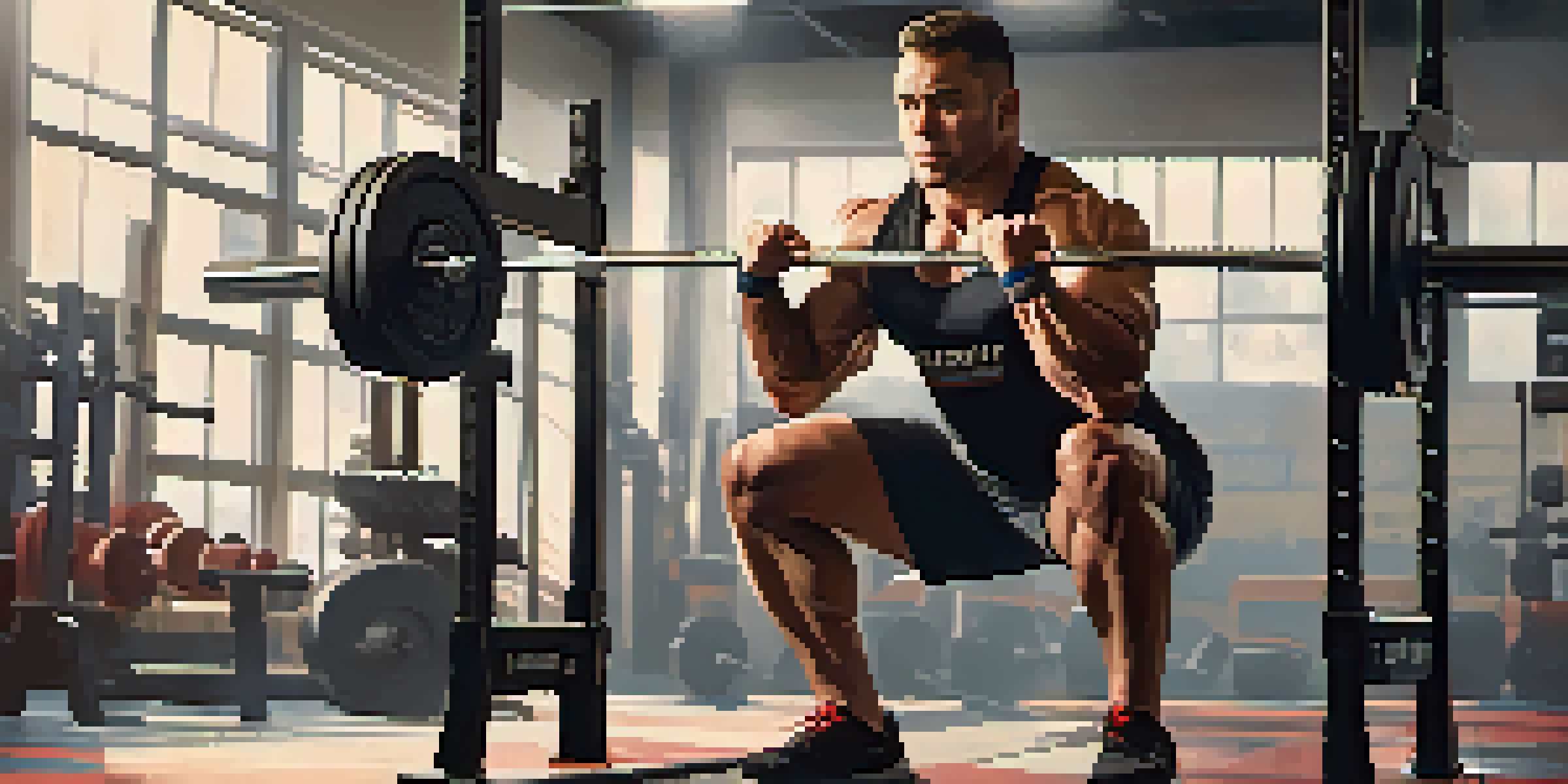 A powerlifter squatting with a barbell in a gym, demonstrating focus and strength, while a coach stands by to offer support.