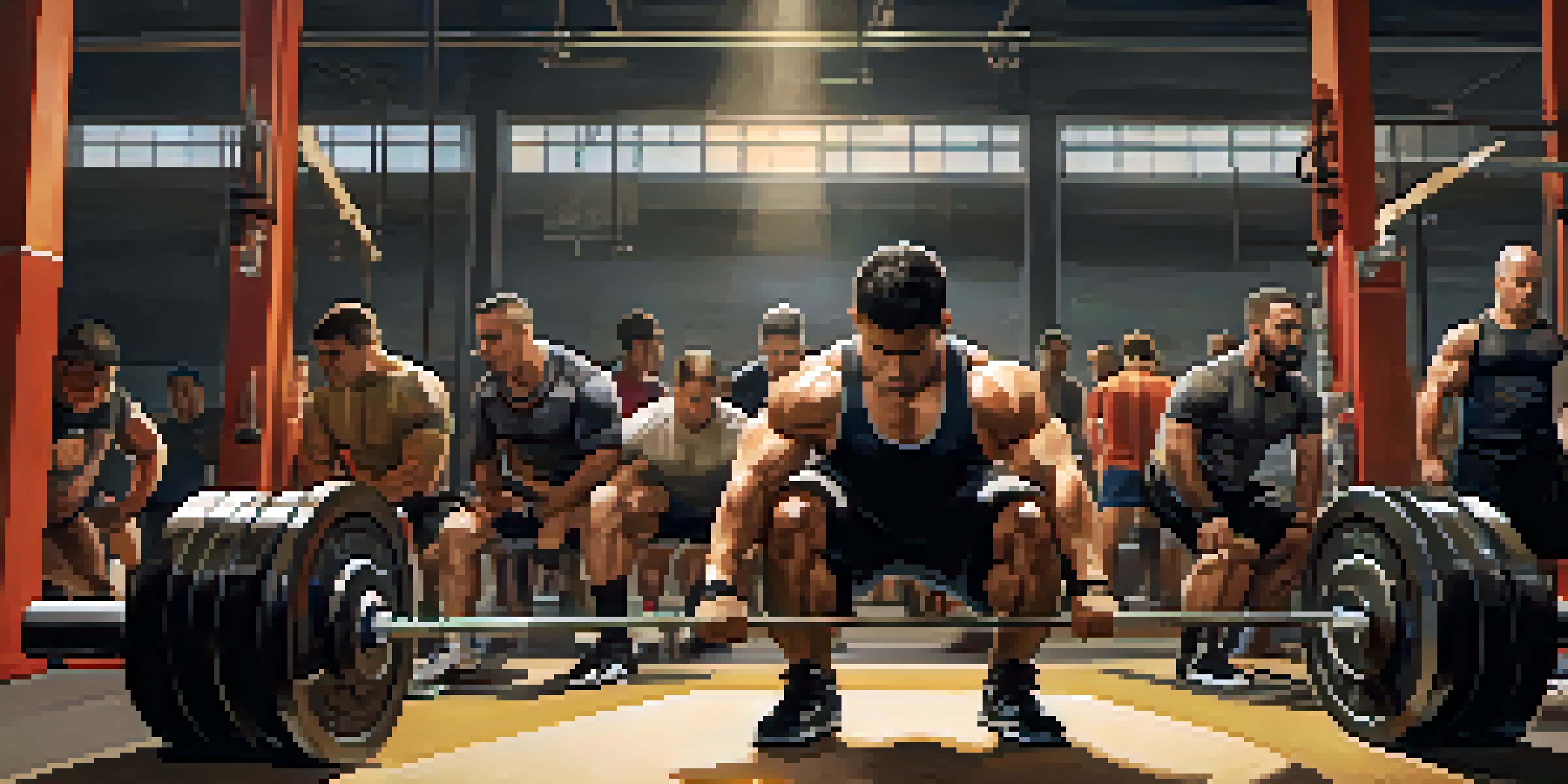 A diverse group of athletes in a gym, one lifter squatting with proper form while a coach observes and provides feedback.