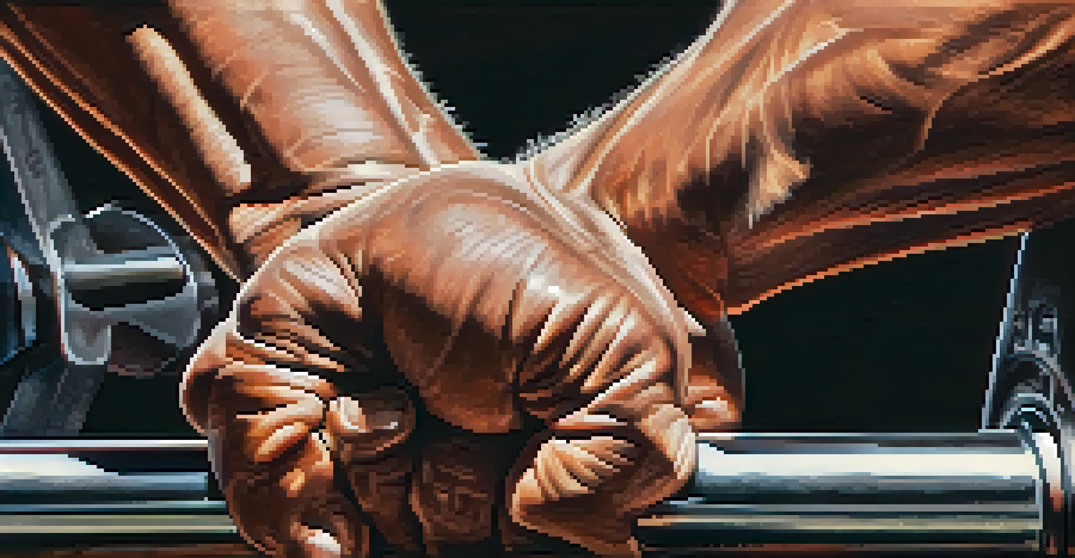 A close-up of a powerlifter's hands gripping a barbell, highlighting strength and preparation.