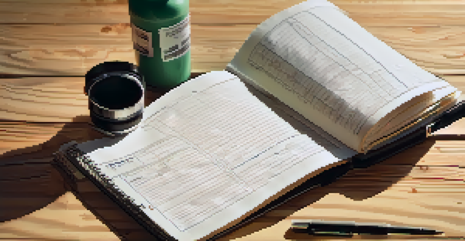 A close-up of a fitness journal with workout logs and progress charts, placed next to a pen and a protein shake bottle on a wooden surface.