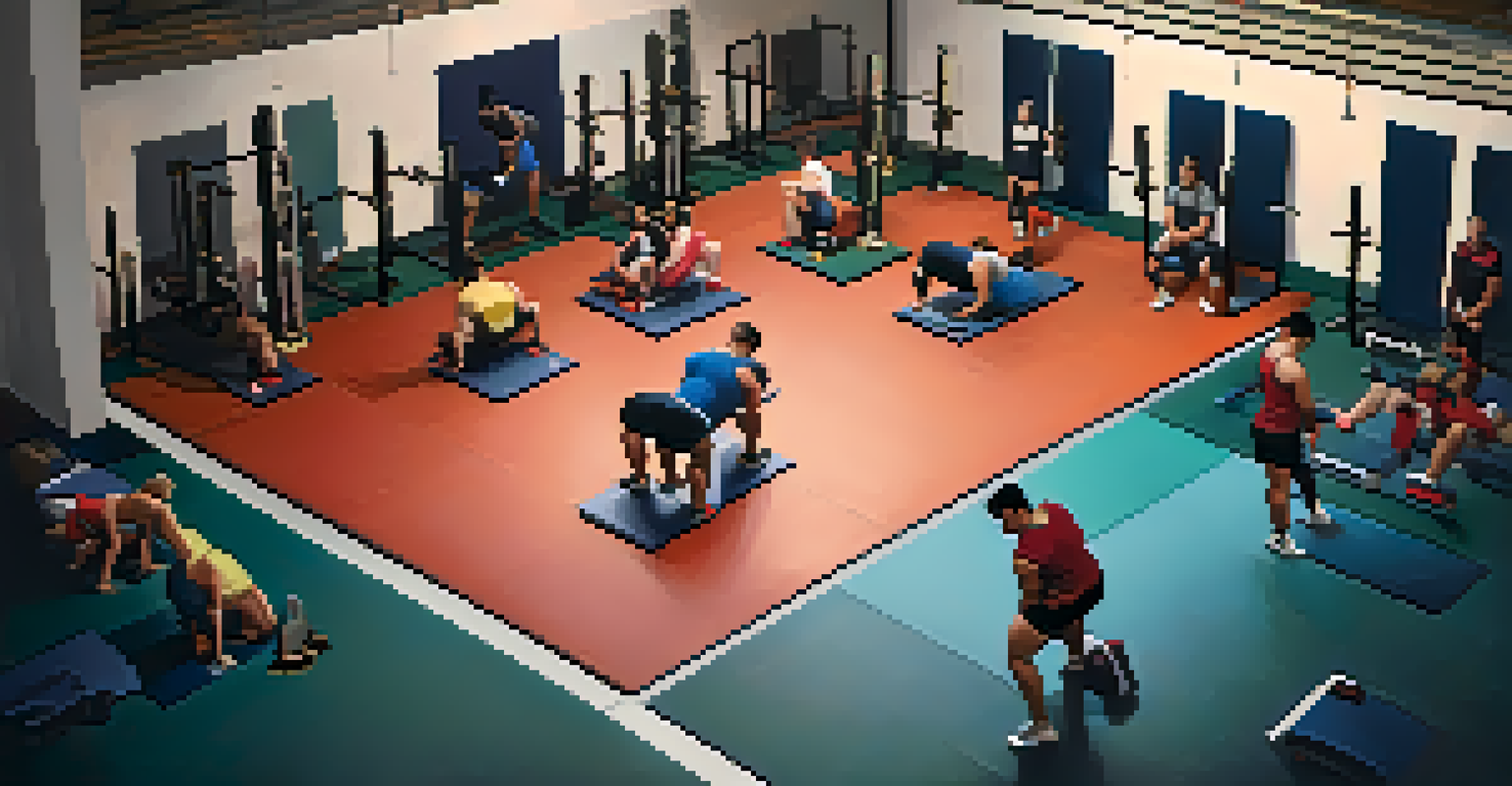 An overhead view of powerlifters performing mobility exercises on colorful mats in a gym, showcasing a diverse group engaged in training.