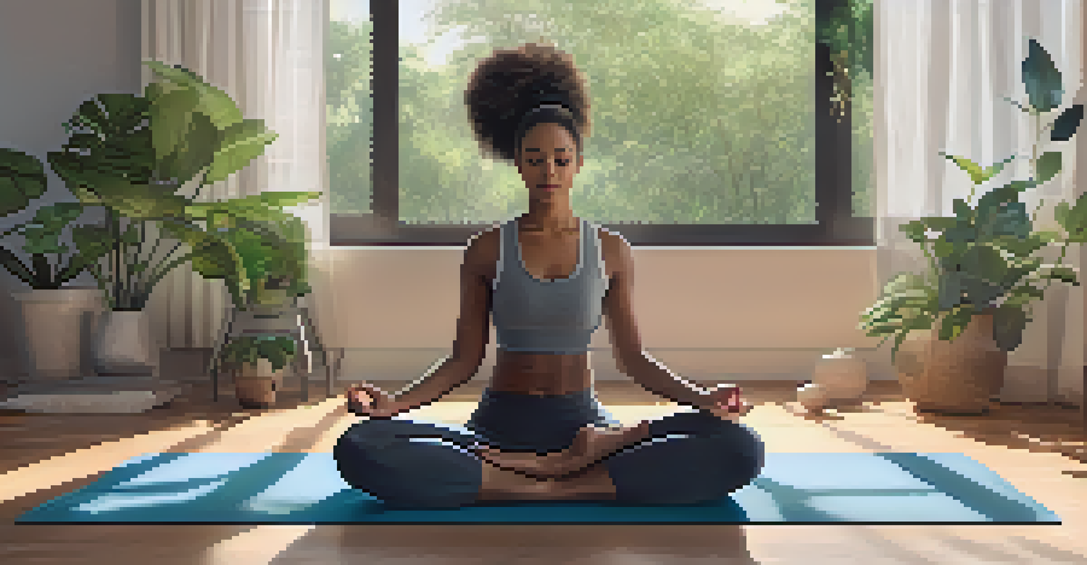 An athlete meditating on a yoga mat in a softly lit room surrounded by plants.