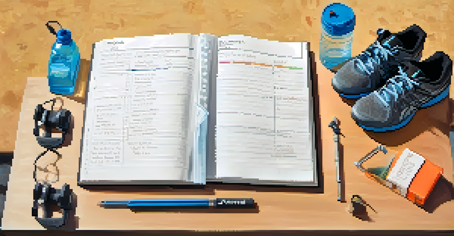 An open training journal with notes on powerlifting, accompanied by a water bottle and shoes.
