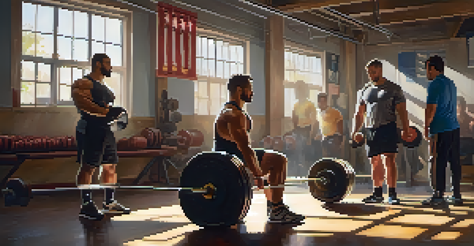 A mentor encouraging a shy newcomer in a powerlifting gym, surrounded by supportive peers.