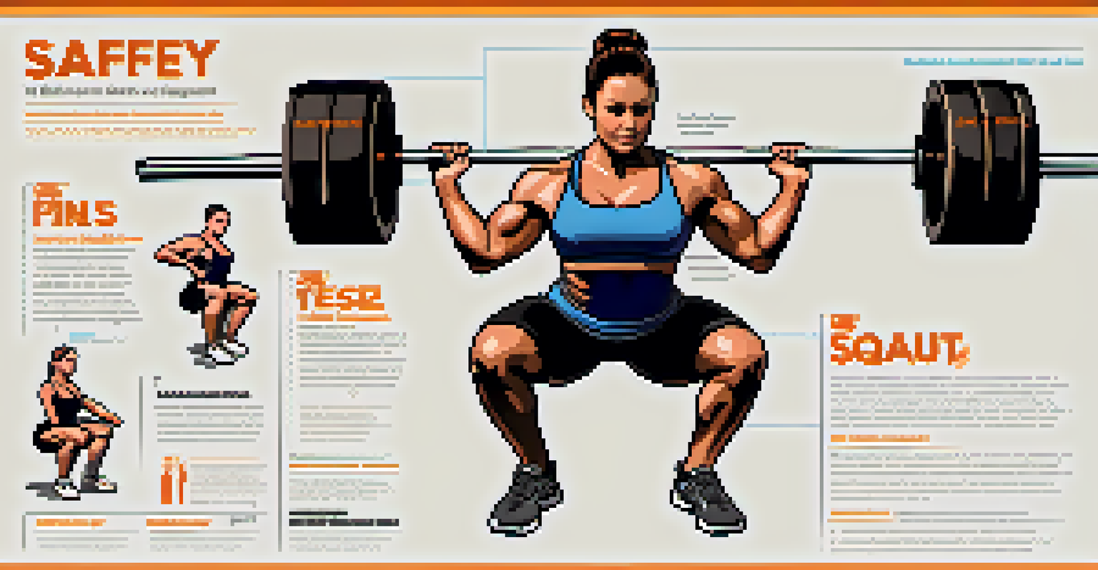 An informative poster about safety bar squats, showcasing benefits and proper technique.