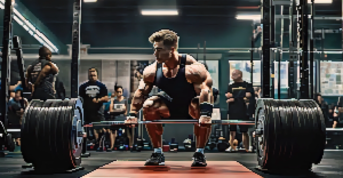 An athlete performing a squat lift in a well-lit gym, demonstrating proper lifting technique with weights and motivational posters in the background.