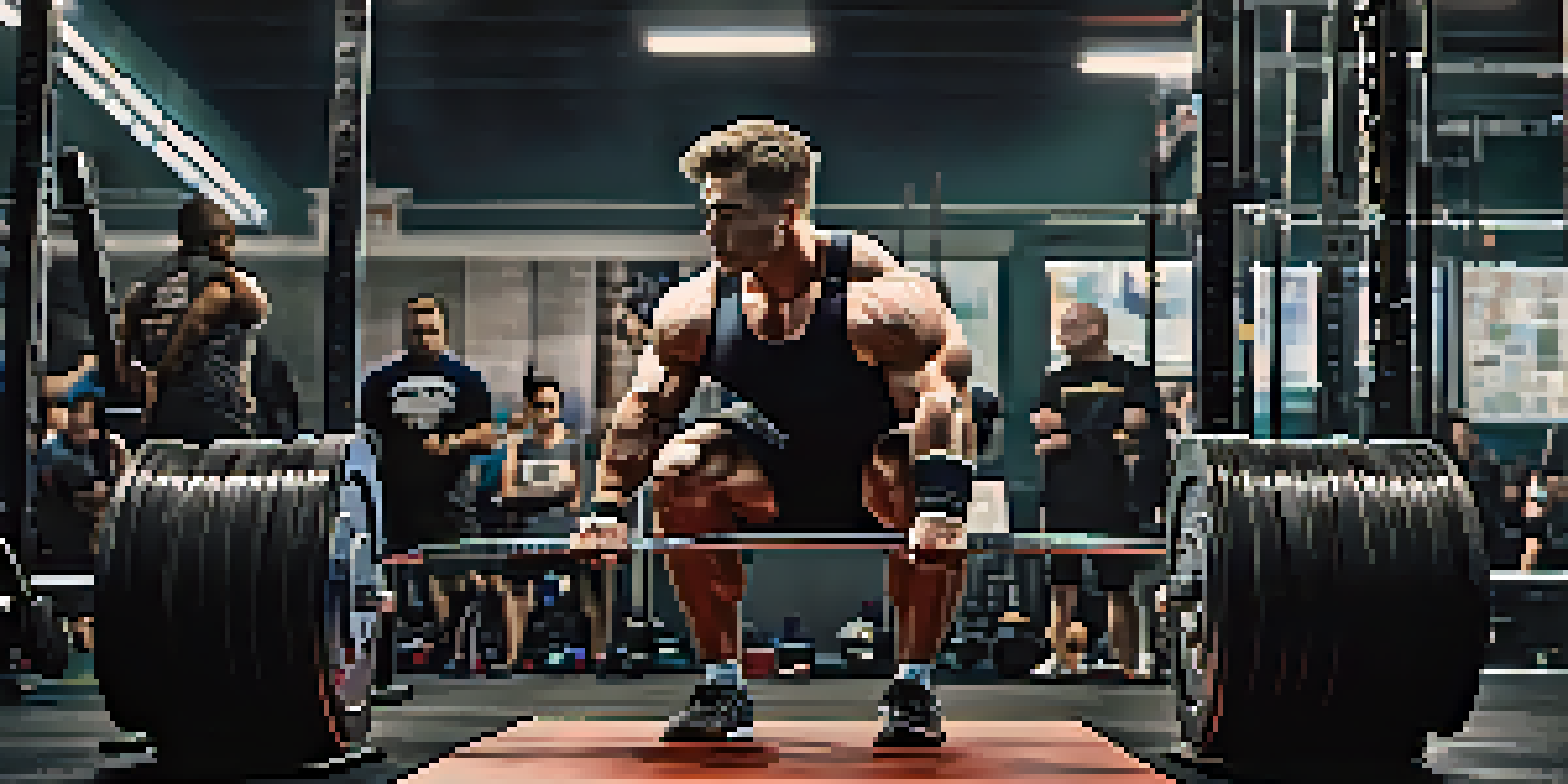 An athlete performing a squat lift in a well-lit gym, demonstrating proper lifting technique with weights and motivational posters in the background.