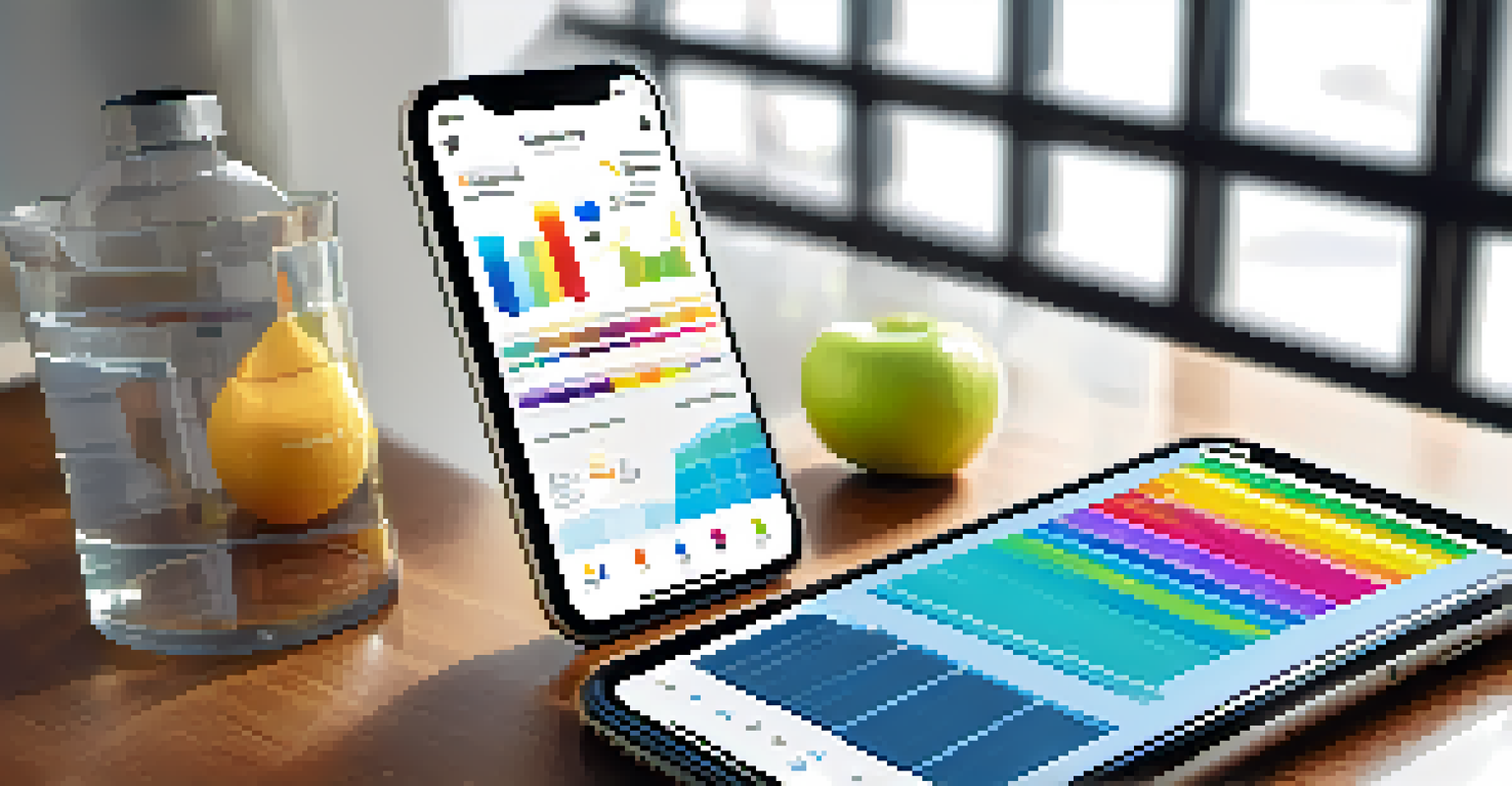 A smartphone displaying a body composition tracking app interface with colorful graphs and charts on a gym bench, highlighting technology in fitness.