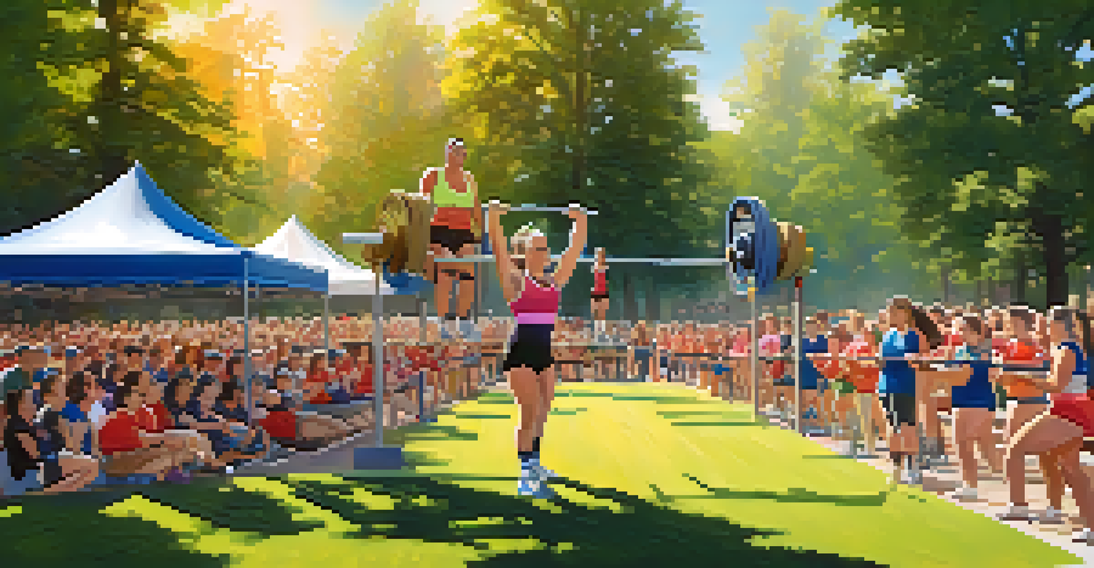 Women competing in a powerlifting event outdoors, with spectators cheering and a vibrant atmosphere.