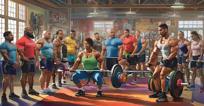 A diverse group of powerlifters lifting weights together in a colorful gym, emphasizing inclusivity and camaraderie.