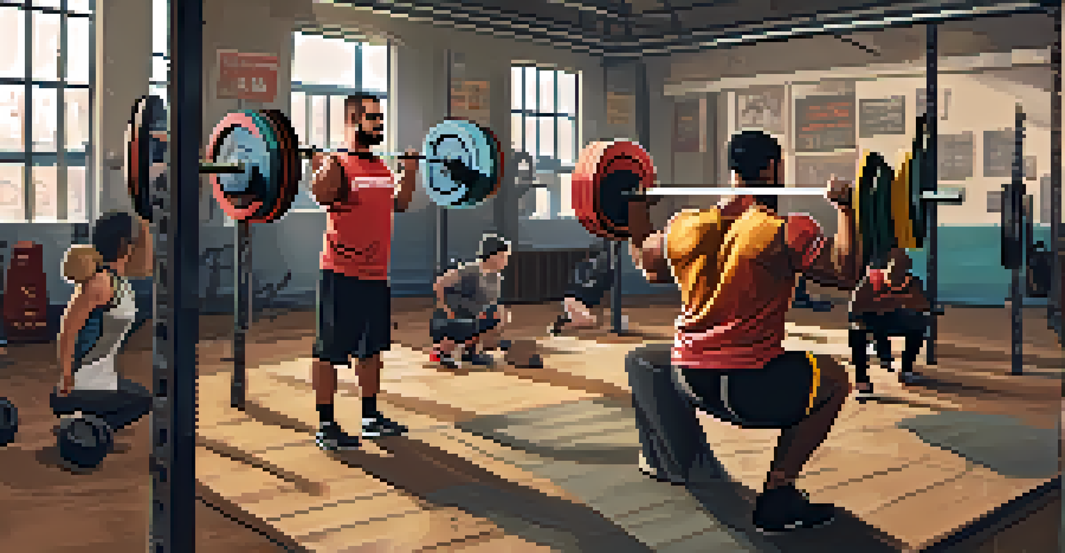 A group of powerlifters supporting each other during a training session in a gym, with one lifter getting ready to squat.