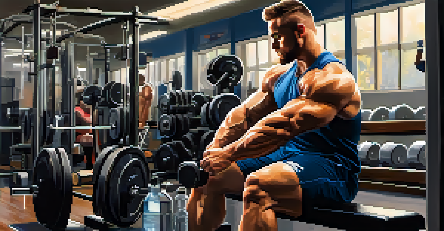 A powerlifter hydrating with a water bottle in a gym, surrounded by weights and equipment, showing determination.