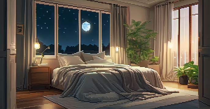 A peaceful bedroom with soft lighting, a neatly made bed, plants, and a calming atmosphere.