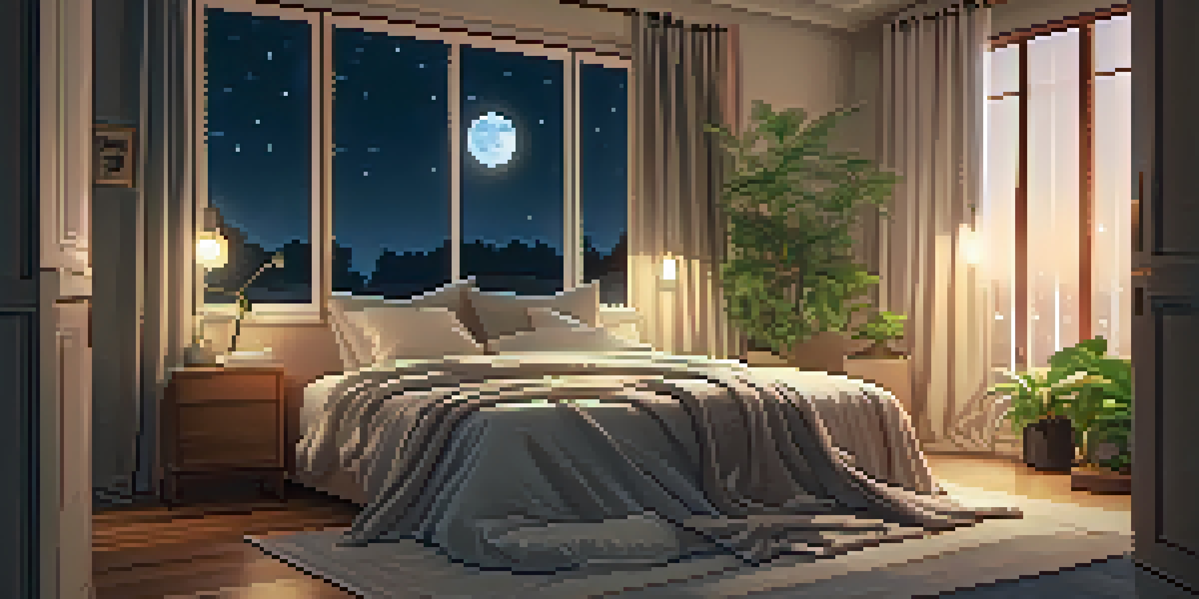 A peaceful bedroom with soft lighting, a neatly made bed, plants, and a calming atmosphere.