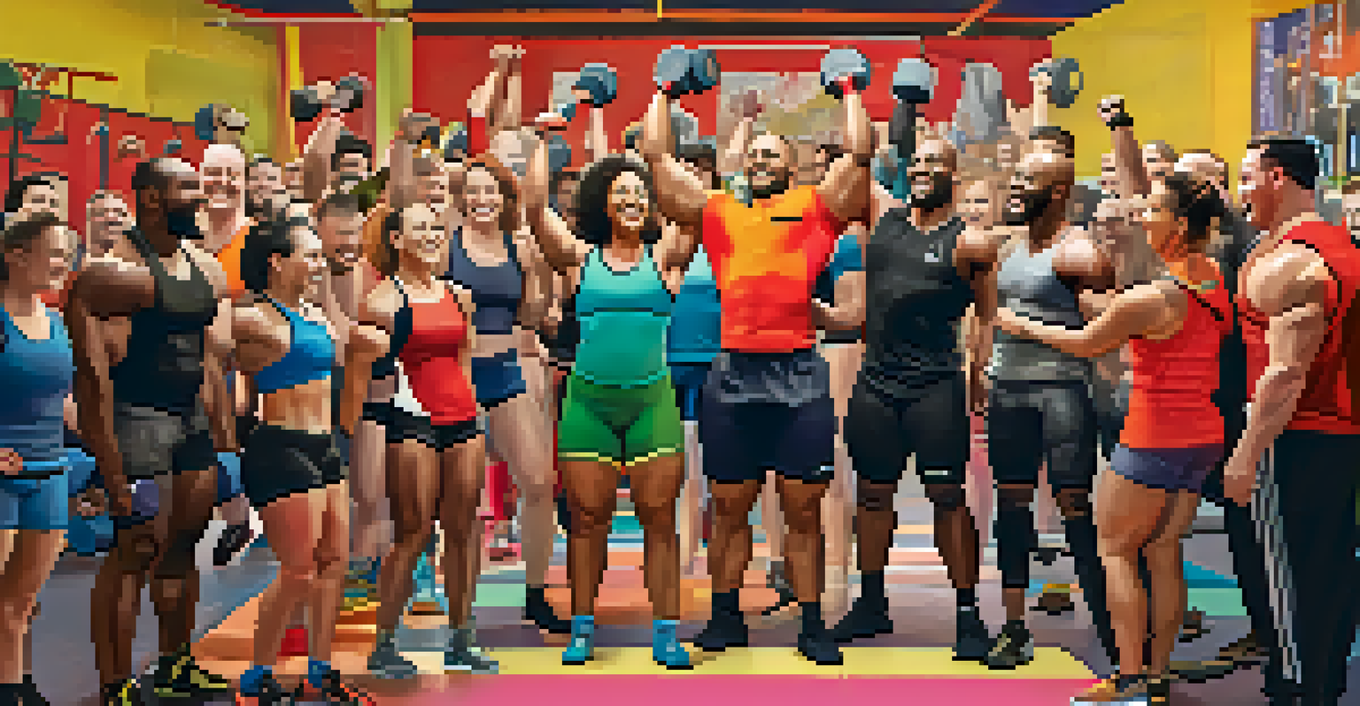 A diverse group of powerlifting athletes celebrating in a gym, high-fiving and smiling in a vibrant and supportive atmosphere.