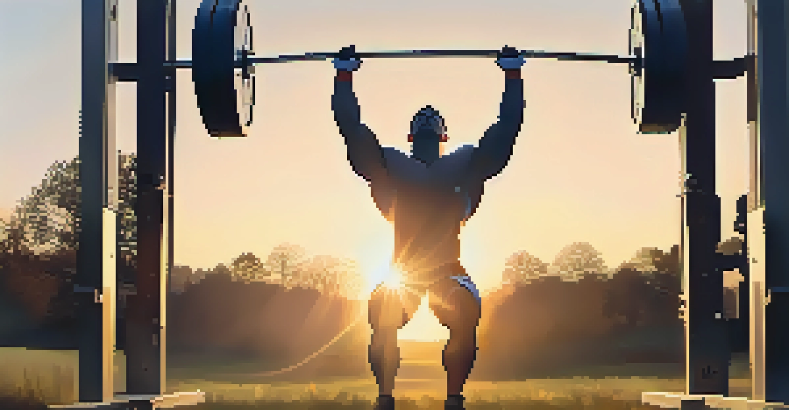 A powerlifter visualizing their lift outdoors at sunset, surrounded by nature.