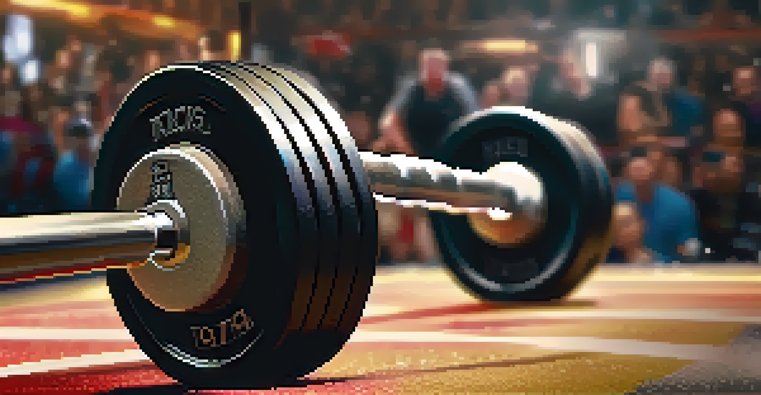 A close-up of a barbell with weights in a competition setting, illuminated by dramatic lighting with a blurred cheering crowd in the background.