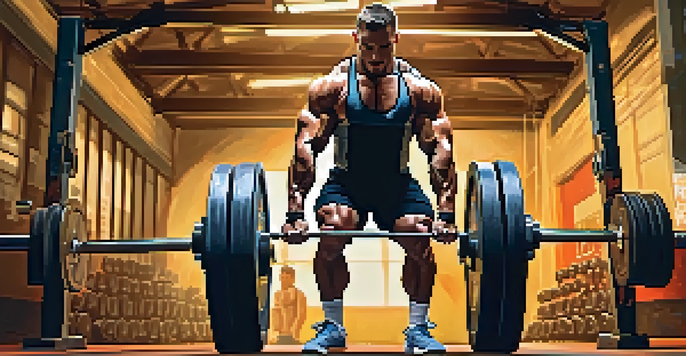 A muscular powerlifter mid-deadlift in a gym, demonstrating proper lifting technique and engaged core muscles.